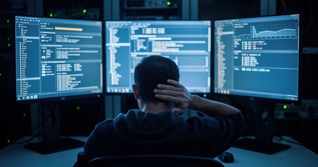 An operations engineer at a desk late at night, head in hand, facing monitors filled with alert queues