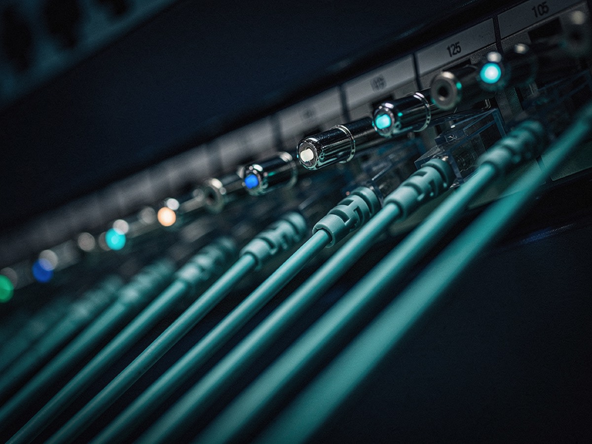 Fiber-optic cables running in parallel diagonals across a patch panel